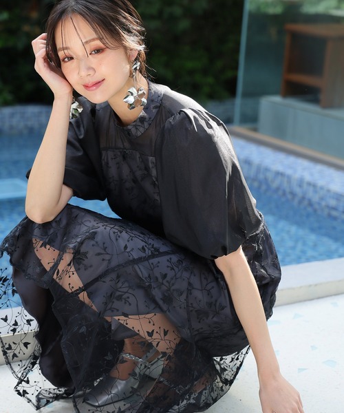 【最終お値下げ】atlo. pourvous ウエストリブ パフスリーブ　結婚式 PourVous ドレス ウエストリブ パーティードレス お呼ばれロング