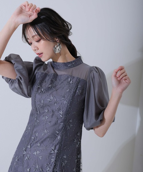 【最終お値下げ】atlo. pourvous ウエストリブ パフスリーブ　結婚式 プールヴー PourVous ウエストリブパーティードレスお呼ばれ
