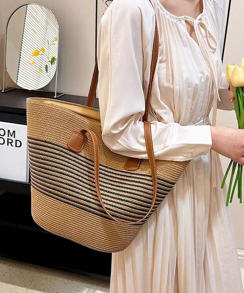 sans Arsidetストロー編み込みかごバッグ 大きめ ベージュ florist かごバッグ カゴバッグ 「ファスナー開閉♪」ストロー