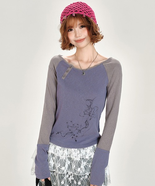 tシャツ ボートネック 斜めボタン ラグランカットソー GH25s040「Girlyhalo」 レディース