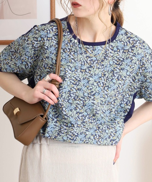 tシャツ BRODIAEA リバティプリント半袖Ｔシャツ ボタニカル柄×無地切り替えカットソー日本製 レディース tシャツ BRODIAEA リバティプリント半袖Tシャツ ボタニカル柄