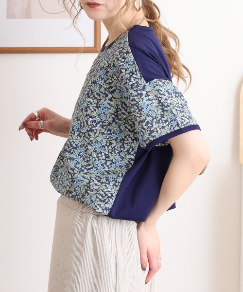 ブローディア BRODIAEA リバティプリント半袖Tシャツ ボタニカル柄×無地切り替えカットソー【日本製】 （イエロー） tシャツ BRODIAEA INSPIRATION ロゴプリント 半袖Tシャツ