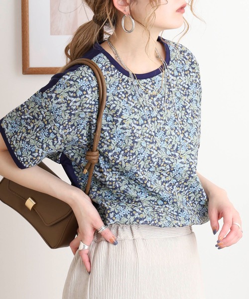 ブローディア BRODIAEA リバティプリント半袖Tシャツ ボタニカル柄×無地切り替えカットソー【日本製】 （イエロー） tシャツ BRODIAEA リバティプリント半袖Tシャツ ボタニカル柄
