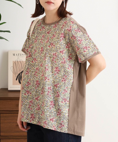 ブローディア BRODIAEA リバティプリント半袖Tシャツ ボタニカル柄×無地切り替えカットソー【日本製】 （イエロー） tシャツ BRODIAEA リバティプリント半袖Tシャツ ボタニカル柄