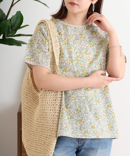 tシャツ BRODIAEA リバティプリント半袖Ｔシャツ ボタニカル柄×無地切り替えカットソー日本製 レディース tシャツ BRODIAEA リバティプリント半袖Tシャツ ボタニカル柄