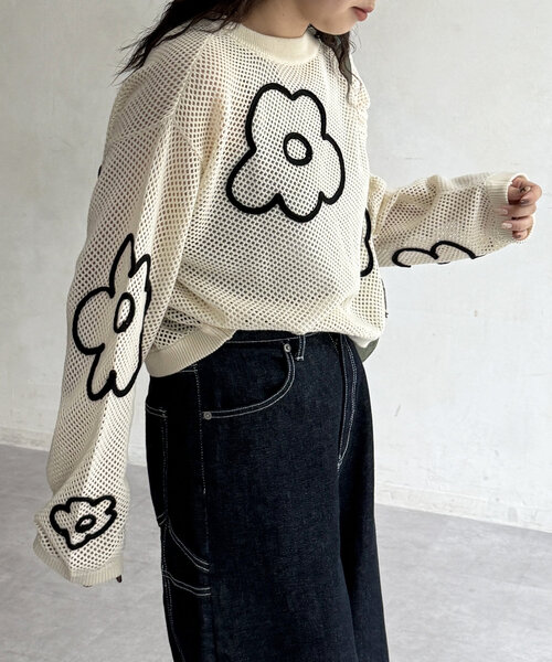 CPCM ニット セーター コード刺繍花柄メッシュニット レディース