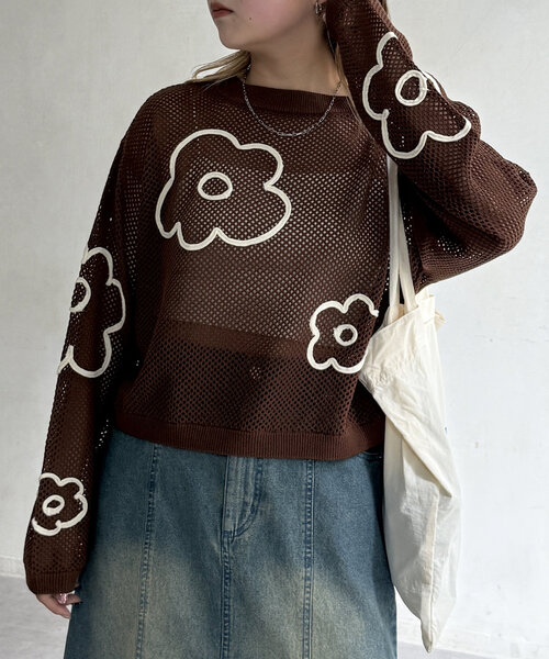 ニット セーター コード刺繍花柄メッシュニット レディース | CPCM | 21