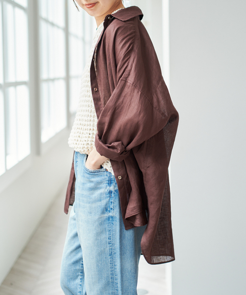 Spick and Span 80リネンカシュクールビッグシャツ パープルB