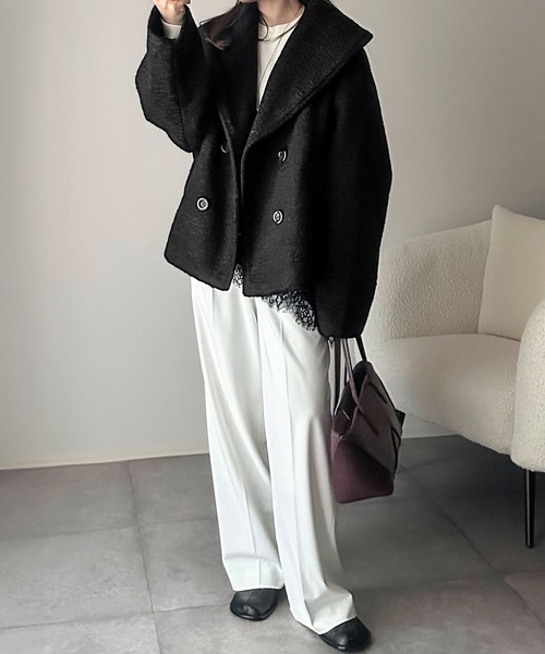 THE TOE’ ブラック ウール ピーコート DOUBLE-FACED WOOL PEA COAT ダブルフェイスウールピーコート ブラック