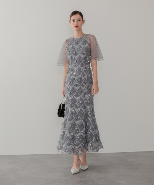 レジャ（Leja）/チュールスリーブスパンコールマーメイドワンピースドレス Leja（レジャ） ドレス 「LEJA」チュールスリーブスパンコール