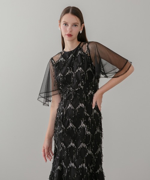 leja チュールスリーブスパンコールマーメイドワンピースドレス Leja（レジャ） ドレス 「LEJA」チュールスリーブスパンコール