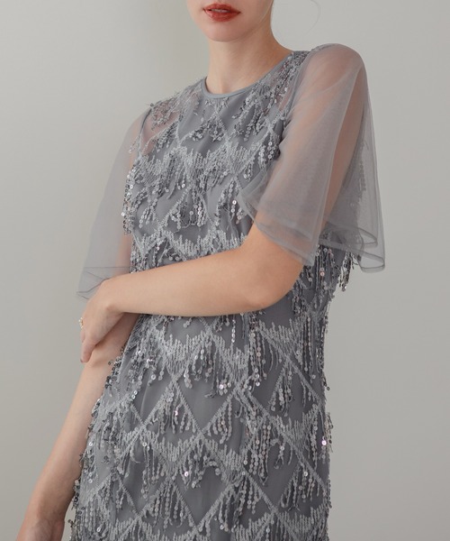 leja チュールスリーブスパンコールマーメイドワンピースドレス 当日発送】チュールスリーブスパンコールマーメイドワンピースドレス