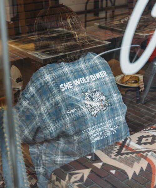 「FREAK'S STORE」 長袖ネルシャツ「SHE WOLF DINERコラボ」 LARGE ブルー メンズ_画像6