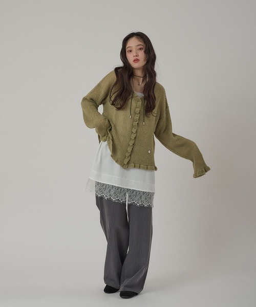 ⭐︎BRILL⭐︎ブリル モダンアゼVネックカーディガン　カーキ MUHET（ミュエータ） カーディガン frill v neck cardigan / フリルV