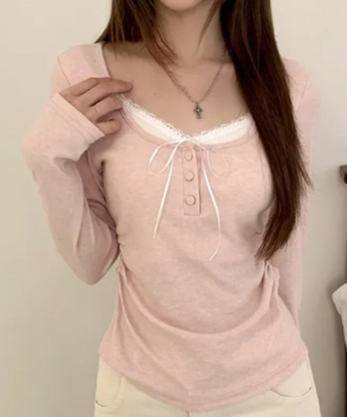ヘンリーネック tシャツ インナードッキング レイヤード風ヘンリー