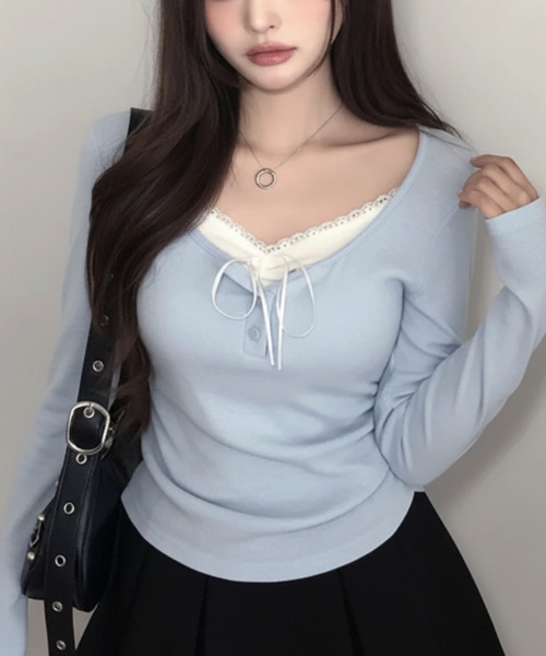 ヘンリーネック tシャツ インナードッキング レイヤード風ヘンリー
