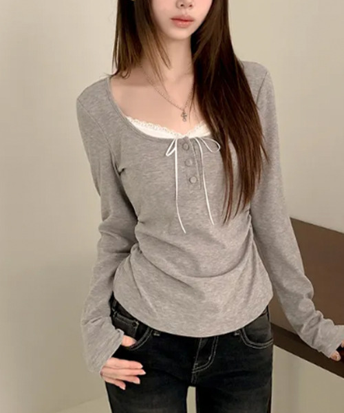tシャツ インナードッキング レイヤード風ヘンリーネックロンT