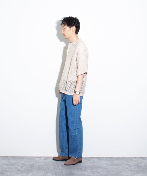 「GLOSTER」 半袖ニット L ネイビー メンズ_画像3