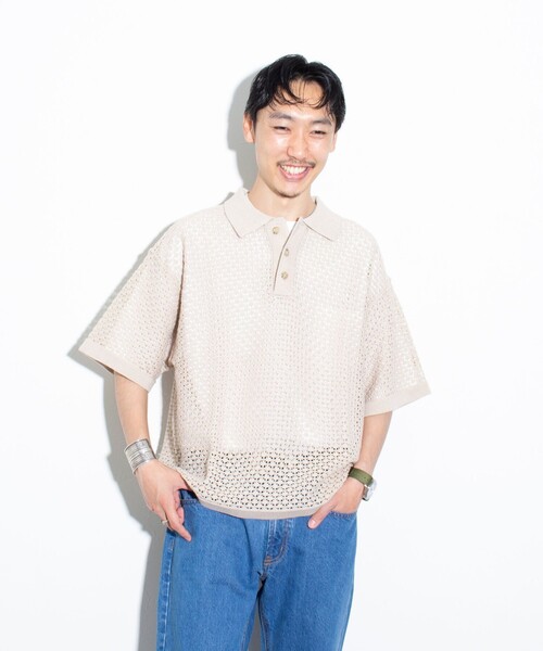 「GLOSTER」 半袖ニット L ネイビー メンズ_画像9