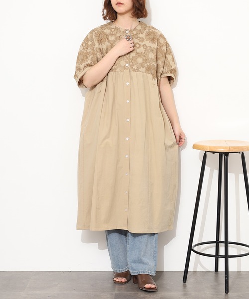 シャツワンピース EMAGO 大きなお花刺繍ワンピース 半端袖