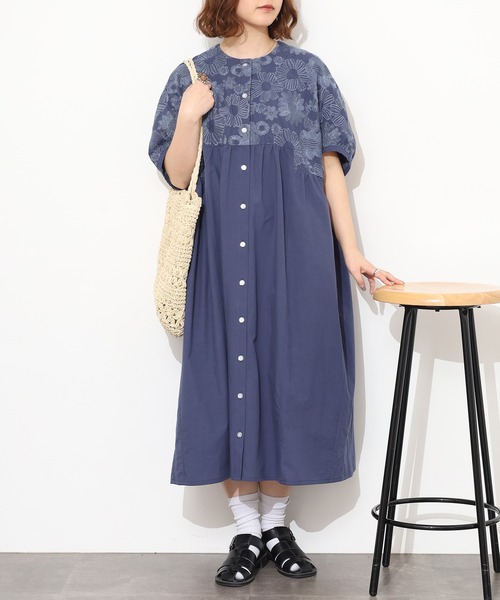 Emago（イマゴ） シャツワンピース 大きなお花刺繍ワンピース 半端袖