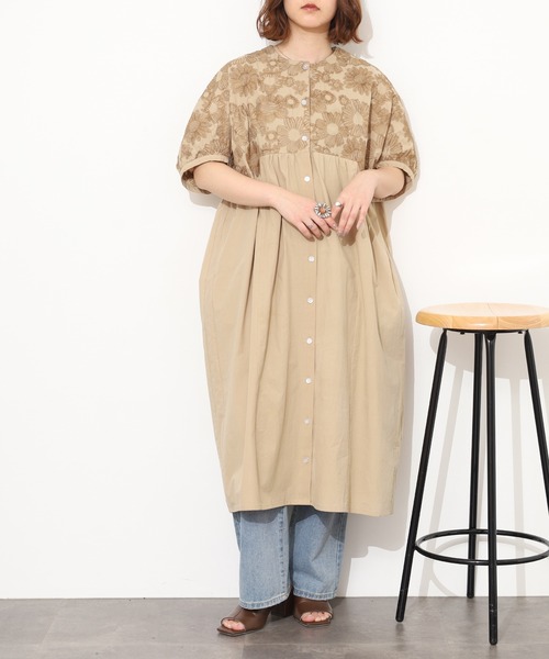 Emago（イマゴ） シャツワンピース 大きなお花刺繍ワンピース 半端袖 