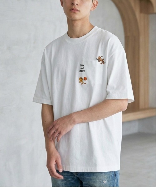 美品　人気のアンティパスト　半袖　白　ホワイト　刺繍　Tシャツ　コットン100% tシャツ 「TOM＆JERRY/トムとジェリー」キャラクター刺繍デザイン半袖