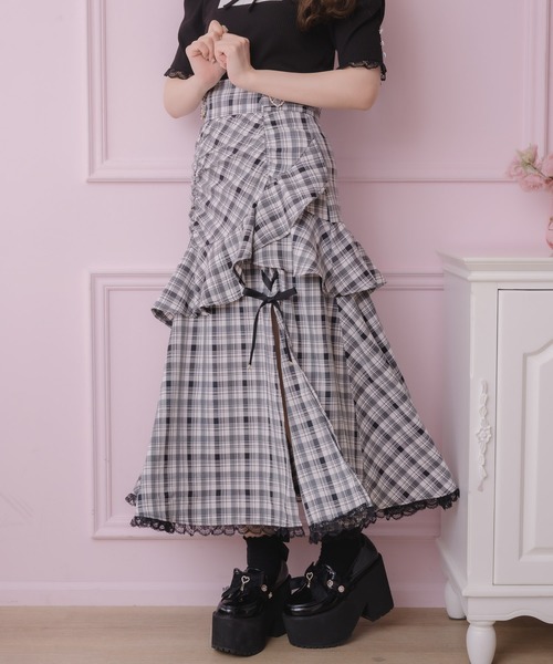 ロージーモンスター　フリル付きグレーのロングスカート ROJITA（ロジータ） スカート ハートチュールティアードロングスカート
