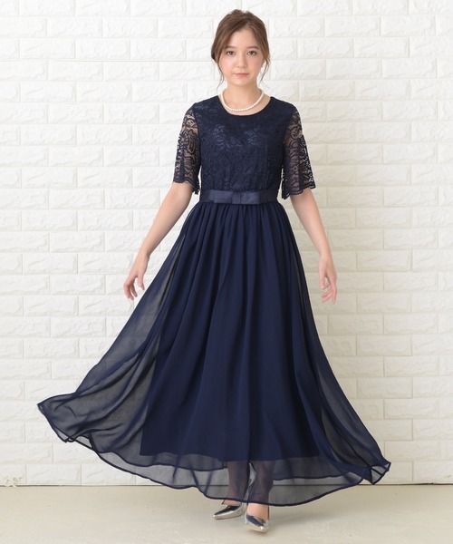ドレス ワンピース パーティー マキシ ロング ウエストリボン Lace Ladies ドレス ウエストリボンロングパーティドレス