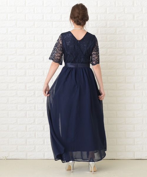 ドレス ワンピース パーティー マキシ ロング ウエストリボン Lace Ladies ドレス ウエストリボンロングパーティドレス