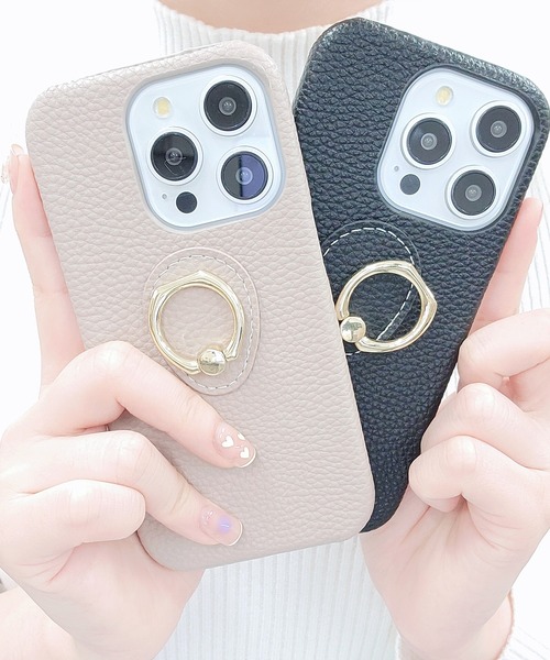 Lace Ladies スマホケース レザー調ゴールドリング付き