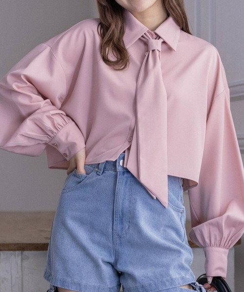 clear ブラウス シャツ 「再入荷」ネクタイ付きショート丈長袖シャツ