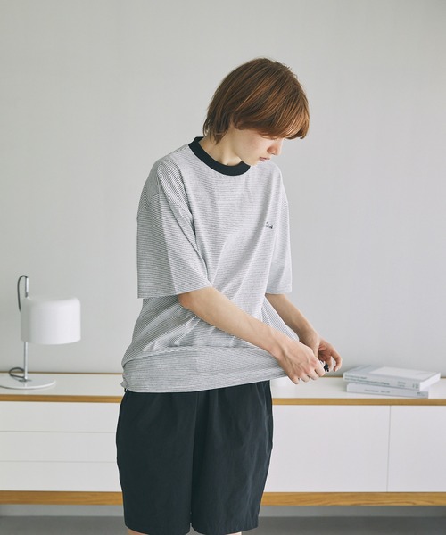 The unormwind tシャツ 胸刺繍ロゴ半袖Tシャツ無地/ボーダー裾