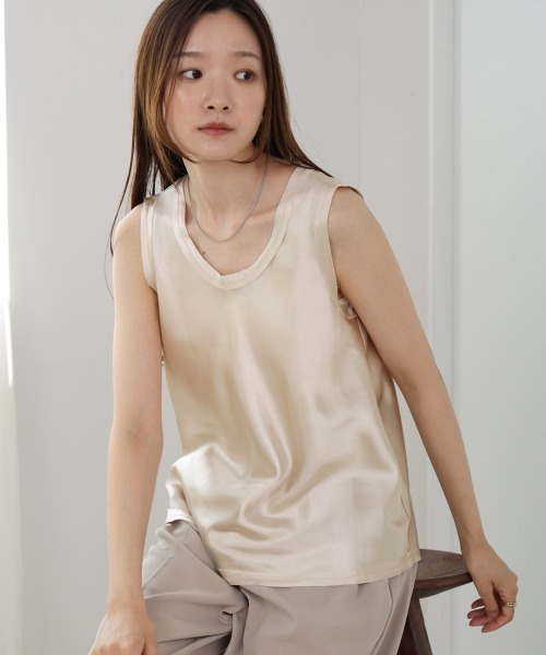 タンクトップ ノースリーブ 「L」「ウォッシャブル」ストレッチサテンコンビタンクトップ レディース TRANS WORK tシャツ 「ウォッシャブル」ストレッチサテンコンビ