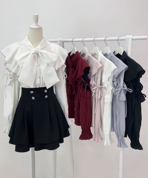 ブラウス シャツ ショルダーレースフリルリボンブラウス レディース DearMyLoveRose ブラウス シャツ ショルダーレースフリルリボン