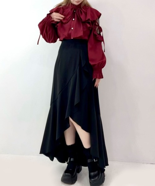 ブラウス シャツ ショルダーレースフリルリボンブラウス レディース DearMyLoveRose ブラウス シャツ ショルダーレースフリルリボン