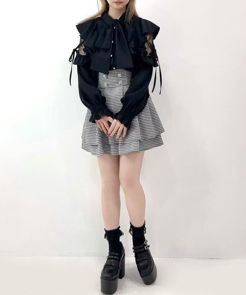 ブラウス シャツ ショルダーレースフリルリボンブラウス レディース DearMyLoveRose ブラウス シャツ ショルダーレースフリルリボン