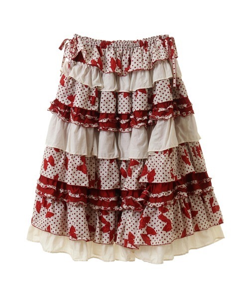 水玉りぼんプリントパッチワークスカート PINK HOUSE（ピンクハウス） スカート 水玉りぼんプリントパッチワーク