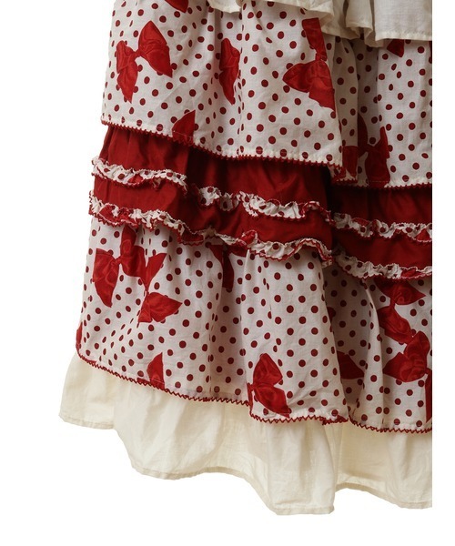 水玉りぼんプリントパッチワークスカート PINK HOUSE（ピンクハウス） スカート 水玉りぼんプリントパッチワーク