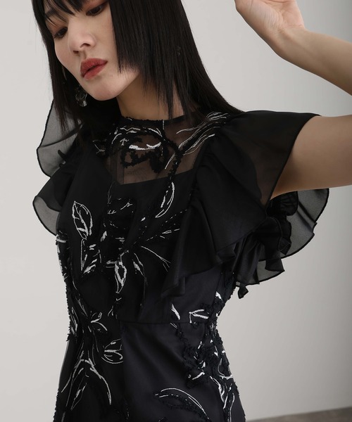 atlo ブラック パーティードレス M atlo（アトロ） ドレス 結婚式パーティードレスキーネックミモレ丈＆袖