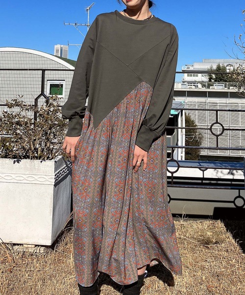 AS KNOW ワンピース ○アシンメトリーデザイン 異素材切り替えロング 