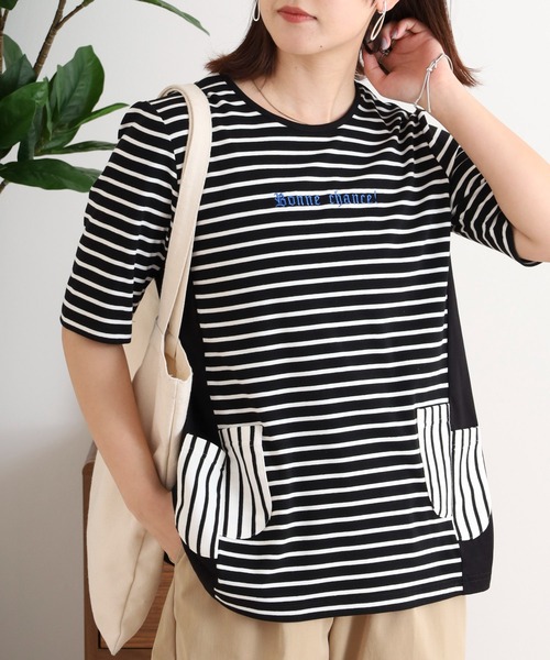 スマホショルダー tシャツ BRODIAEA ボーダー切り替え半袖チュニックT