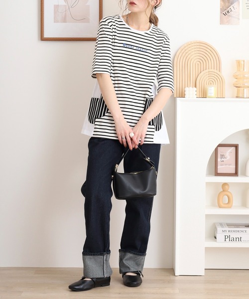 tシャツ BRODIAEA ボーダー切り替え半袖チュニックＴシャツ レディース tシャツ BRODIAEA ボーダー切り替え半袖チュニックTシャツ