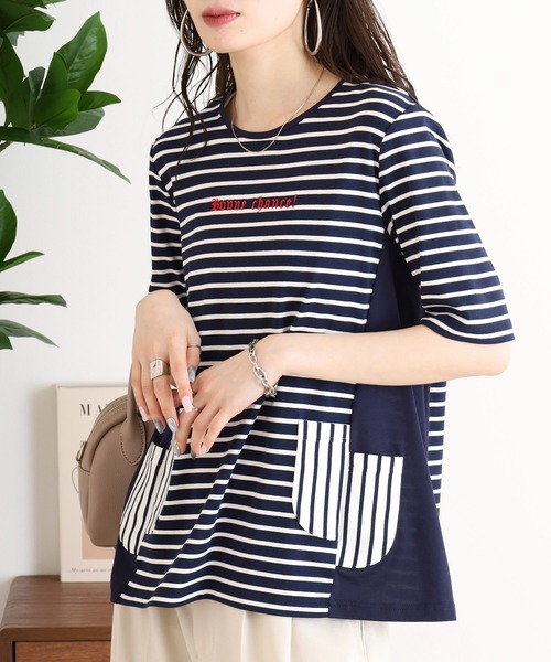 スマホショルダー tシャツ BRODIAEA ボーダー切り替え半袖チュニックT