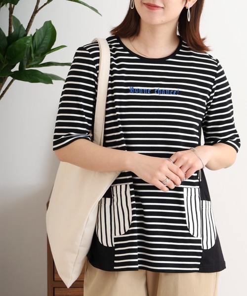 tシャツ BRODIAEA ボーダー切り替え半袖チュニックＴシャツ レディース tシャツ BRODIAEA ボーダー切り替え半袖チュニックTシャツ