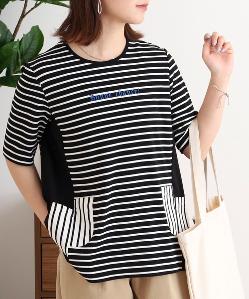 スマホショルダー tシャツ BRODIAEA ボーダー切り替え半袖チュニックT