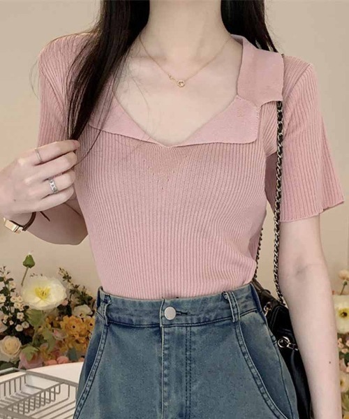 shoppinggo tシャツ ニット レディース 半袖 襟付きニット 半袖