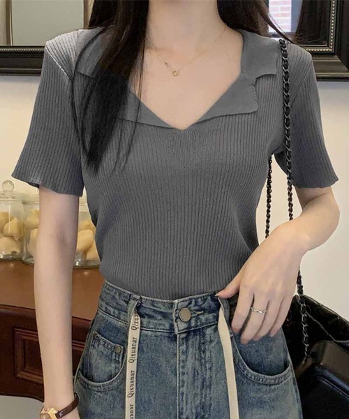 shoppinggo tシャツ 半袖 ニット レディース 半袖 襟付きニット 半袖