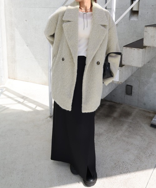 Aimeine ノーカラーシャギージャケットコート　チャコールMサイズ シップス エニィ SHIPS any SHIPS any: シャギー ノーカラー コクーン