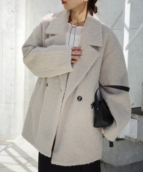 Aimeine ノーカラーシャギージャケットコート　チャコールMサイズ シップス エニィ SHIPS any SHIPS any: シャギー ノーカラー コクーン